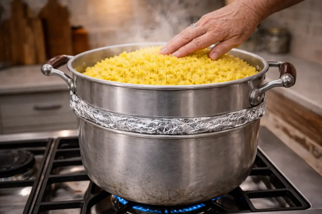 A two-tiered metal couscousier on a gas stove sealed with aluminum foil, with a woman's hand touching the yellow couscous as white steam rises through it.
