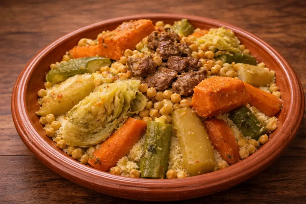 A large terracotta platter filled with a mountain of steamed Moroccan couscous, topped with tender beef, chickpeas, and a beautiful arrangement of seven vegetables, with rich golden broth being poured from a ladle.