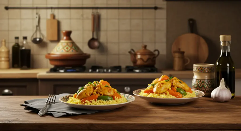 A plate of Moroccan couscous with chicken and vegetables, served in a rustic kitchen with Moroccan cookware in the background.