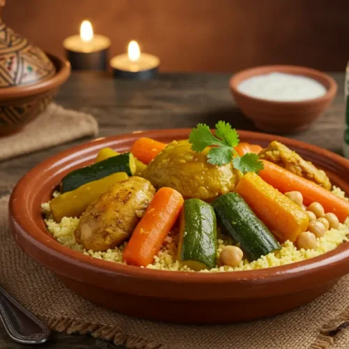 A beautifully plated Moroccan couscous dish with tender chicken, chickpeas, carrots, zucchini, and aromatic spices, served in a rustic clay bowl.