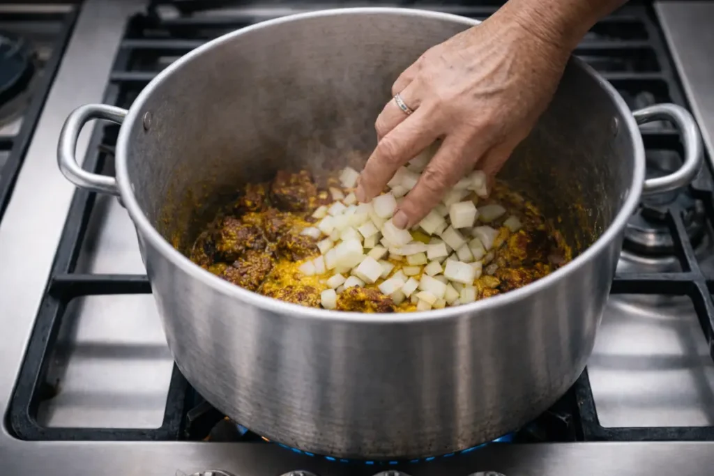 Close-up of a woman's hand dropping chopped onions into a hot steaming pot containing sizzling beef chunks coated in yellow spices and oil on a gas stove.