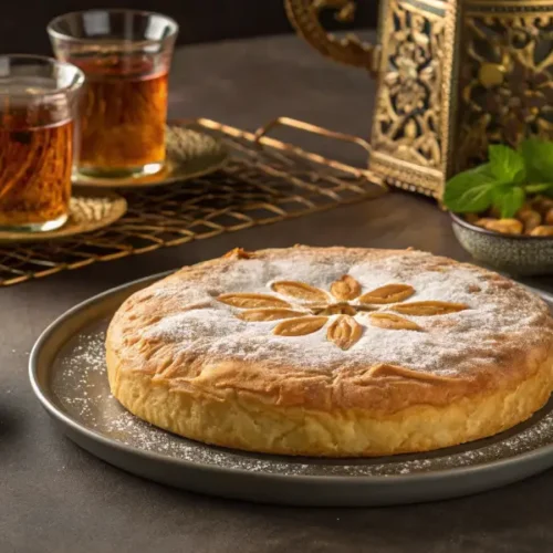 A golden Moroccan Bastilla on a beautifully set Moroccan dining table, garnished with powdered sugar and cinnamon, served with Moroccan tea.