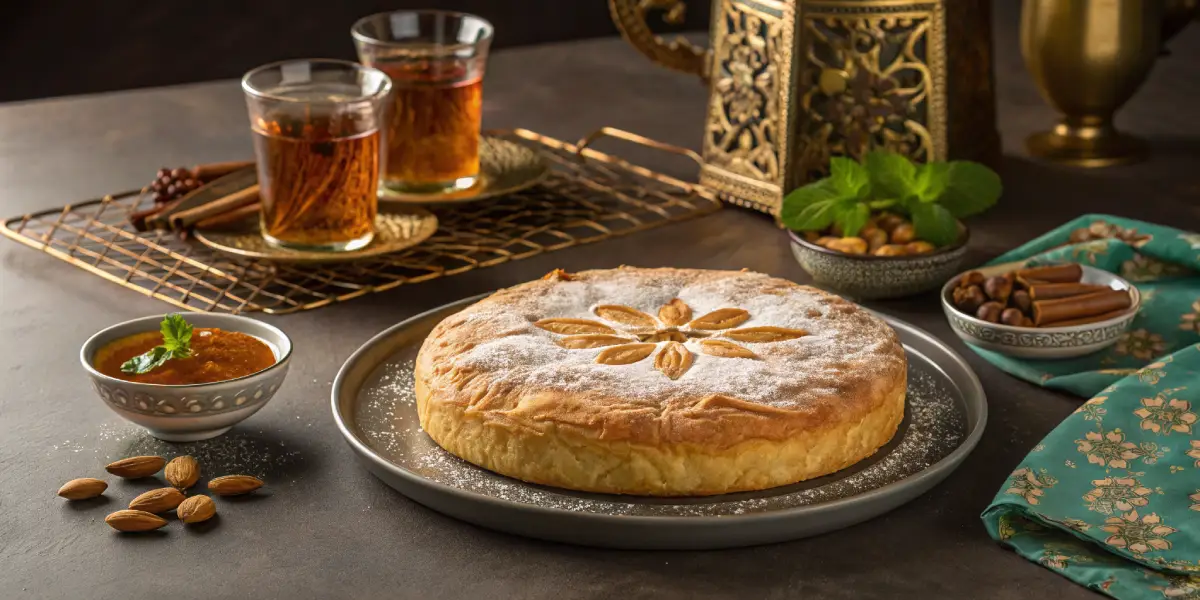 A golden Moroccan Bastilla on a beautifully set Moroccan dining table, garnished with powdered sugar and cinnamon, served with Moroccan tea.