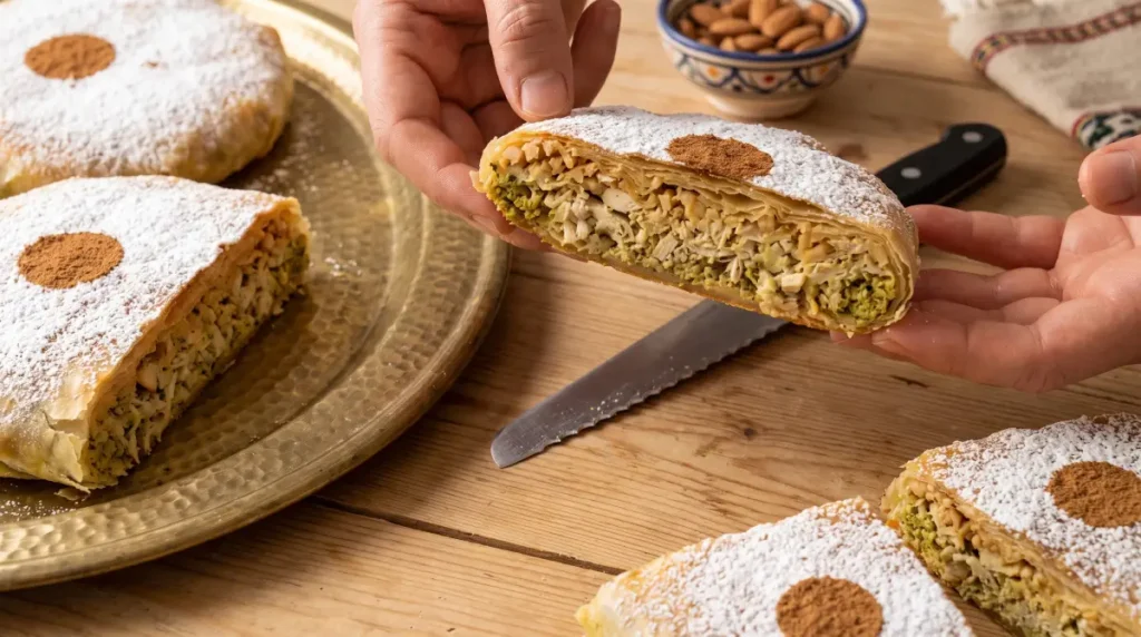 Cut-open individual Moroccan Bastilla showing the chicken filling inside