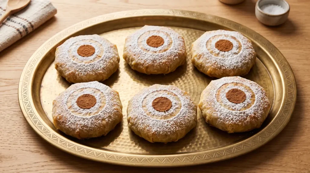 Six individual Moroccan Bastillas decorated with powdered sugar and cinnamon on a traditional tray