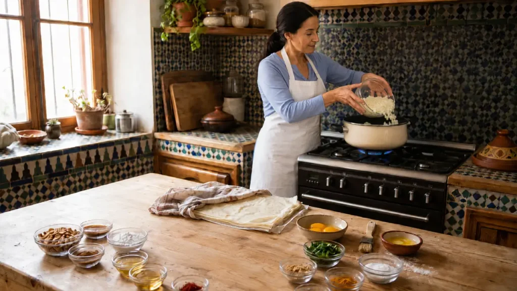 Woman adding finely chopped onions to the pot for Moroccan Bastilla