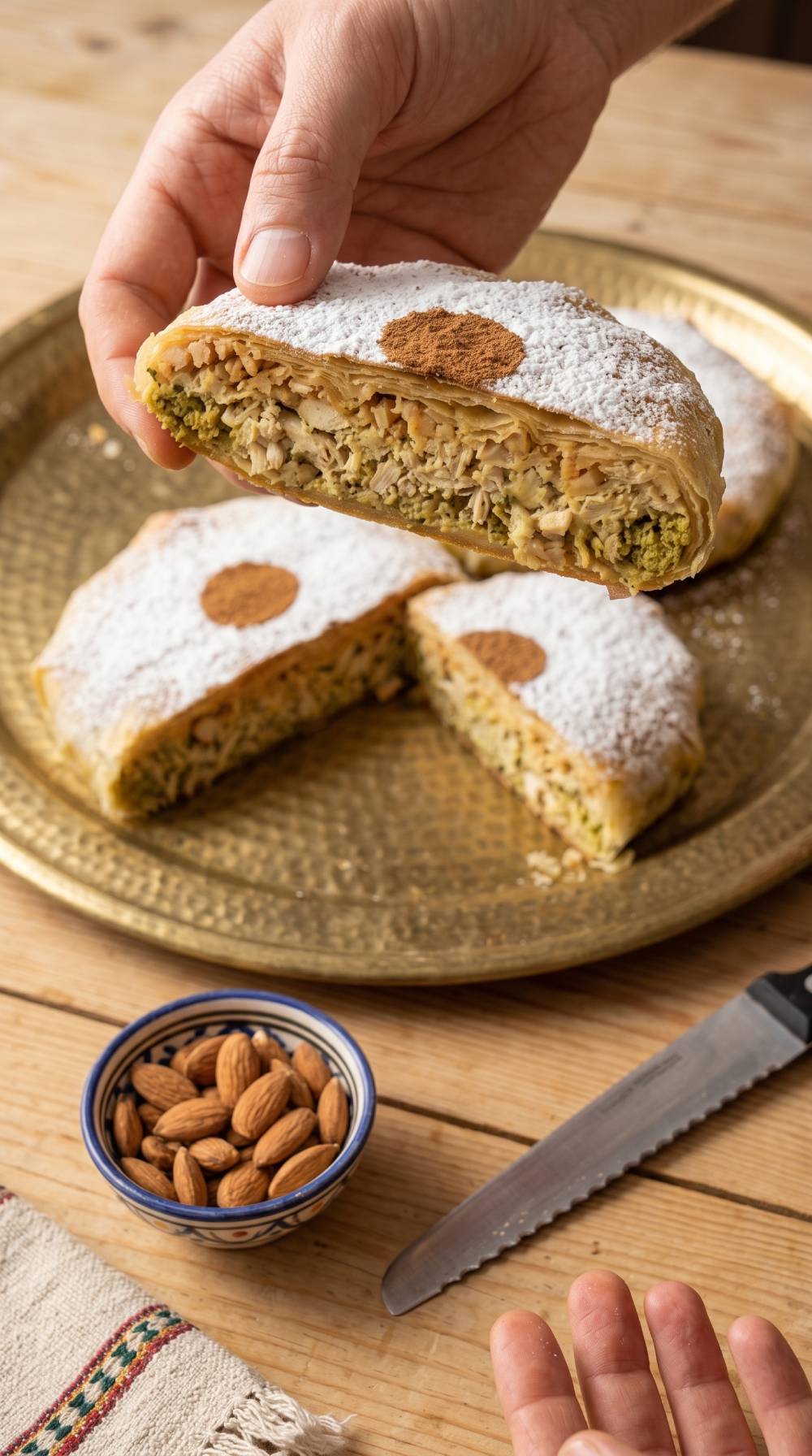Moroccan Bastilla cut open with chicken, onion, egg, and almond filling