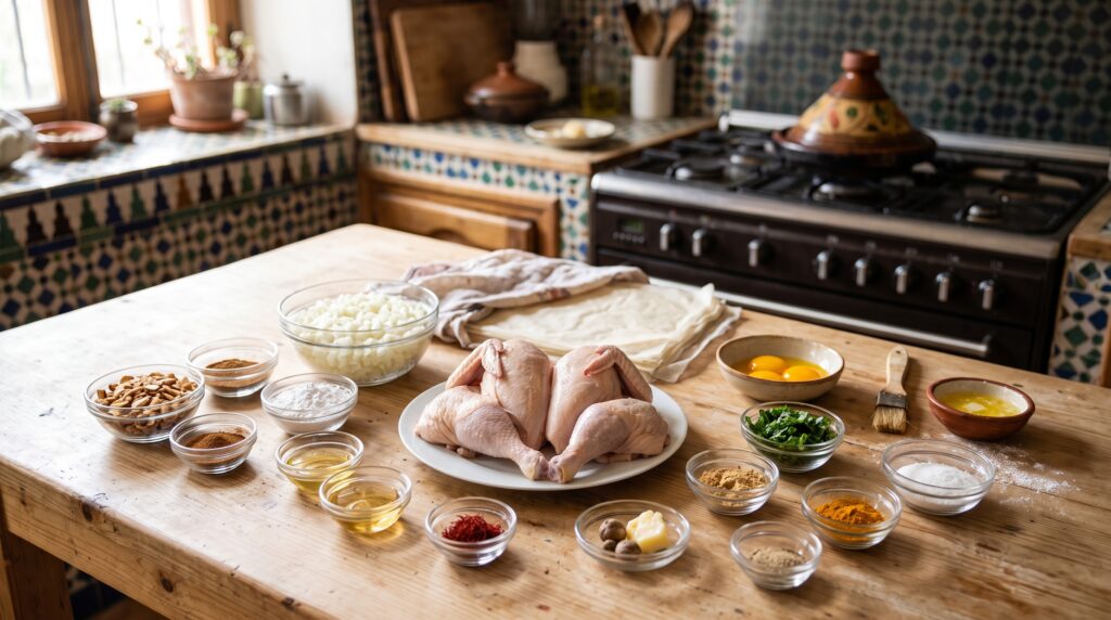 Ingredients for Moroccan chicken Bastilla arranged on a kitchen table