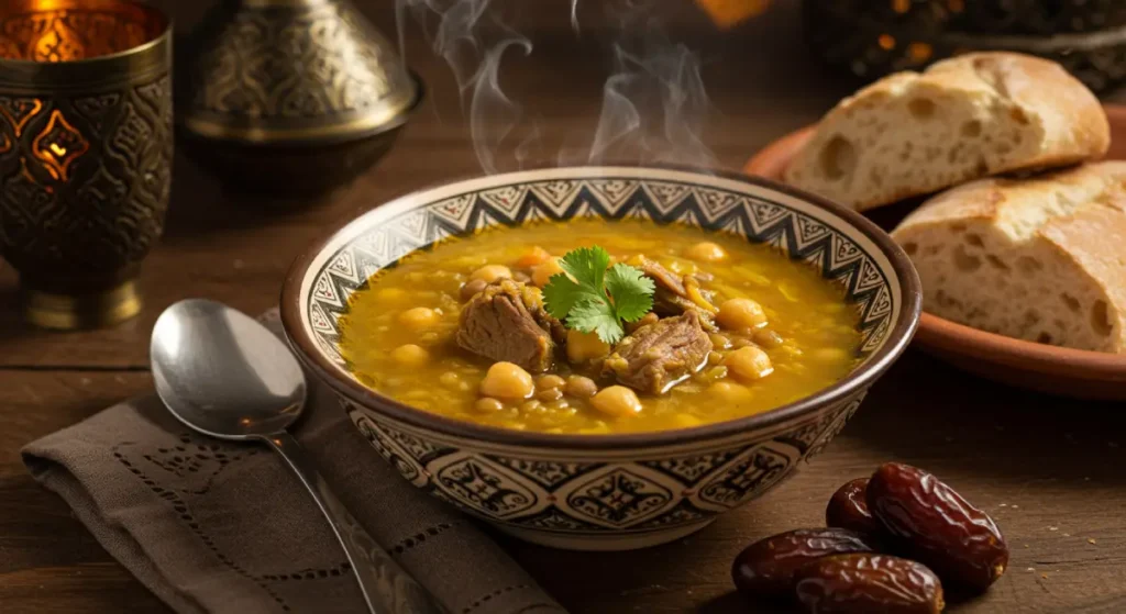 Moroccan recipes. A beautifully presented bowl of Harira recipe, featuring a rich tomato-based broth with chickpeas, lentils, and vermicelli, garnished with fresh cilantro, served with dates and Chebakia pastries on a rustic Moroccan table.