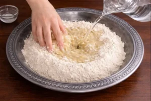 Hands mixing dough for trid used in rfissa recipe in a bowl