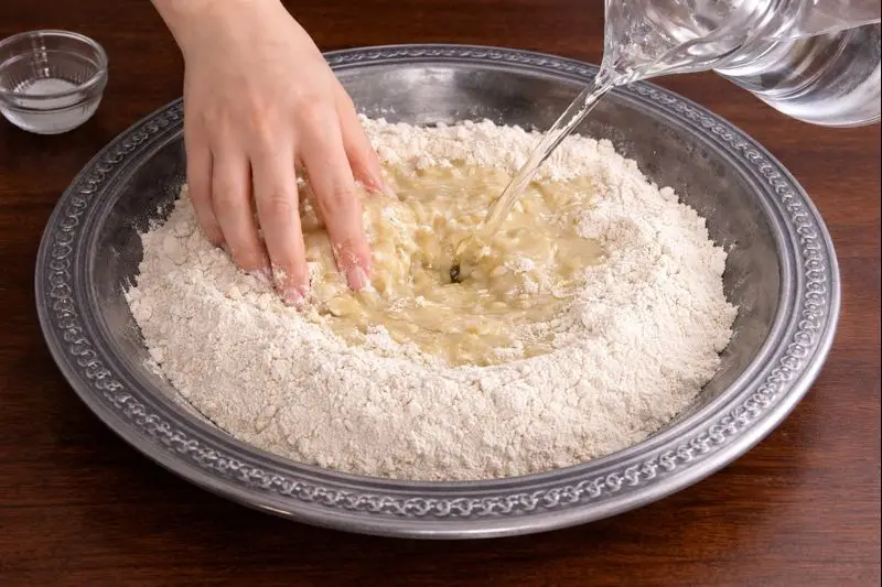 A woman’s hands mixing water into flour to prepare trid dough in a silver plate, a key step in making Rfissa, a typical Moroccan meal.