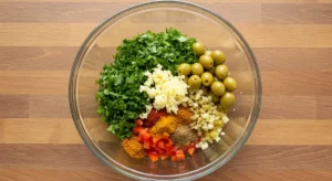 Moroccan food recipes. Ingredients bowl with Moroccan spices and herbs for lamb stuffing