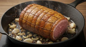 Moroccan food recipes. Lamb leg searing to golden perfection in cast-iron pan
