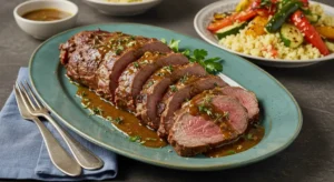Moroccan food recipes. Beautifully sliced roasted Moroccan lamb served with couscous