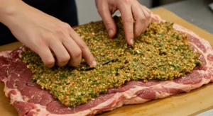 Moroccan food recipes. Lamb leg being stuffed with Moroccan herb and spice mixture