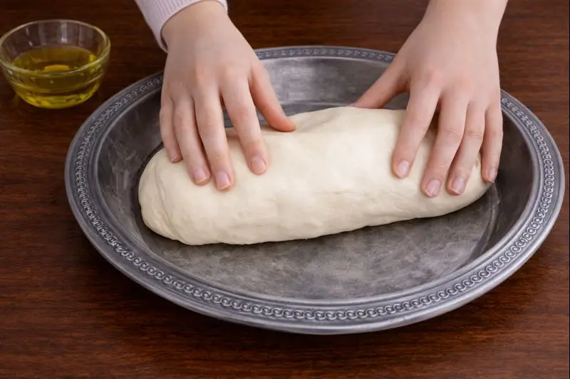 Close-up of a woman's hands shaping trid dough in a silver dish on a wooden table — part of preparing Rfissa, a typical Moroccan meal.