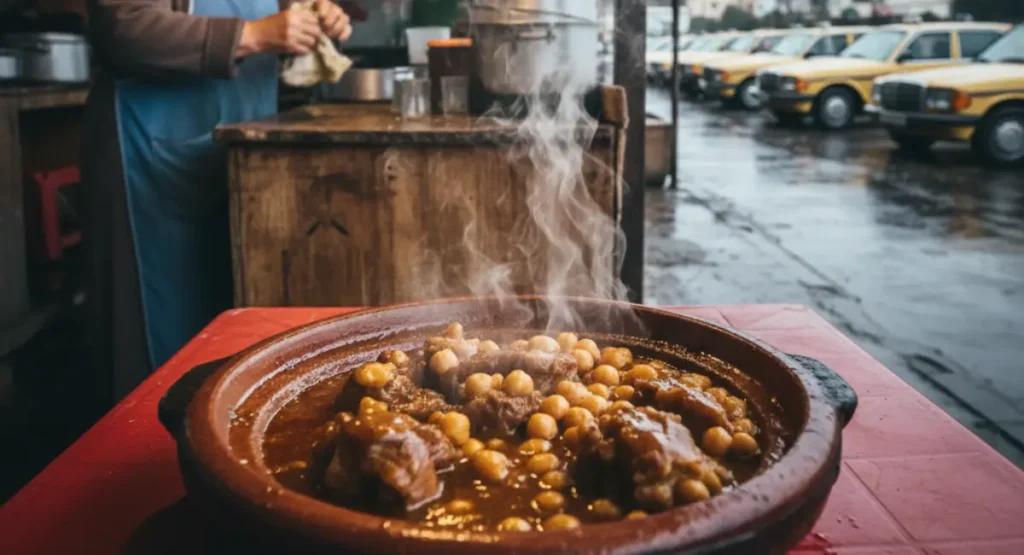 A steaming bowl of authentic Hargma tagine food served on a plastic table at a rainy Tétouan taxi station, with Rabia smiling warmly in the background.