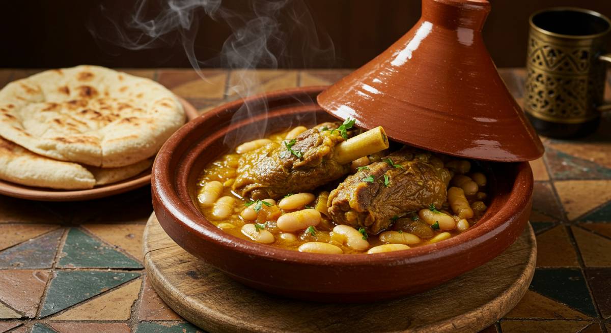 Moroccan meal recipe. Authentic Moroccan lamb tagine with white beans in a traditional clay pot, served with flatbread and surrounded by spices.