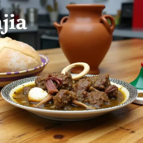 Traditional Moroccan Tangia dish served in a clay pot, showcasing tender lamb and aromatic spices.
