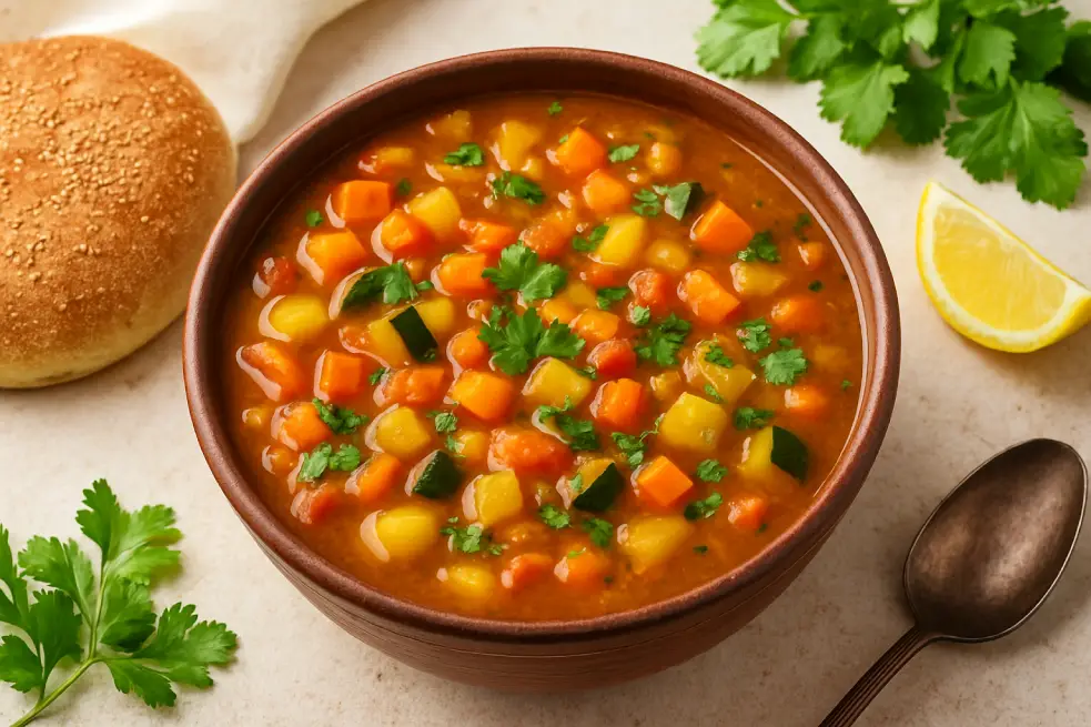 A warm bowl of Moroccan vegetable soup filled with carrots, potatoes, and zucchini, topped with fresh parsley, served alongside sesame khobz bread, a lemon wedge, and vintage spoon on a light background.