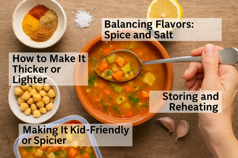 Top-down view of Moroccan vegetable soup in a clay bowl, surrounded by spices, chickpeas, lemon, garlic, and storage containers, with labels highlighting expert tips on balancing flavor, texture, storing, and customizing the soup.