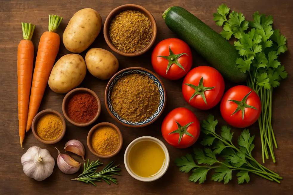 An overhead view of fresh ingredients used in Moroccan vegetable soup, including carrots, potatoes, zucchini, tomatoes, garlic, olive oil, and spices like paprika, turmeric, and Ras el Hanout, arranged on a wooden surface.
