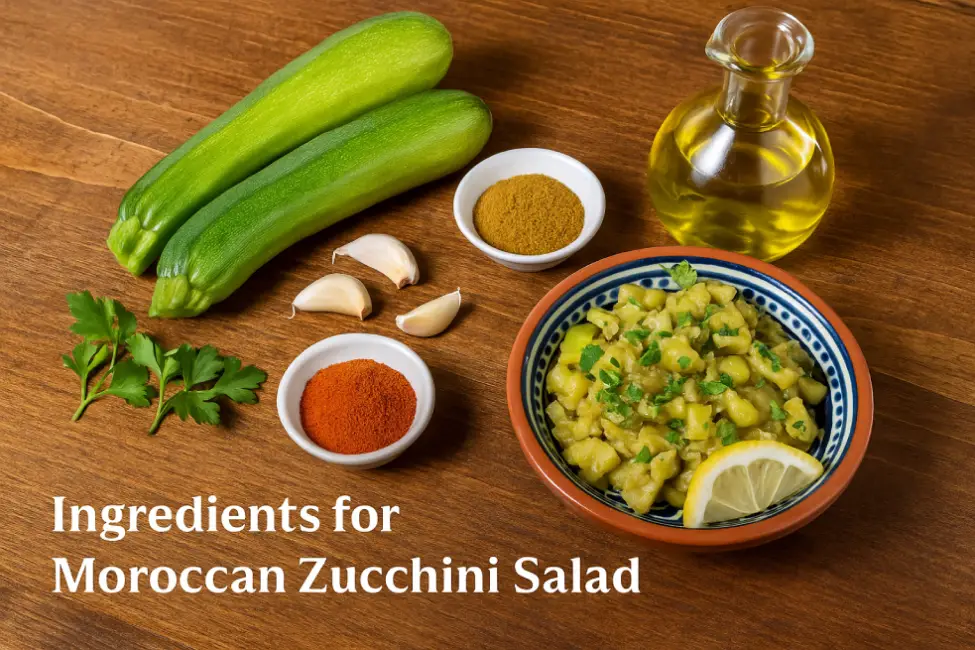 A wooden table with raw zucchini, garlic cloves, parsley, olive oil, cumin, and paprika — the key ingredients for a Moroccan zucchini salad.