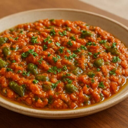 Taktouka Moroccan salad served in a ceramic dish with parsley and olive oil