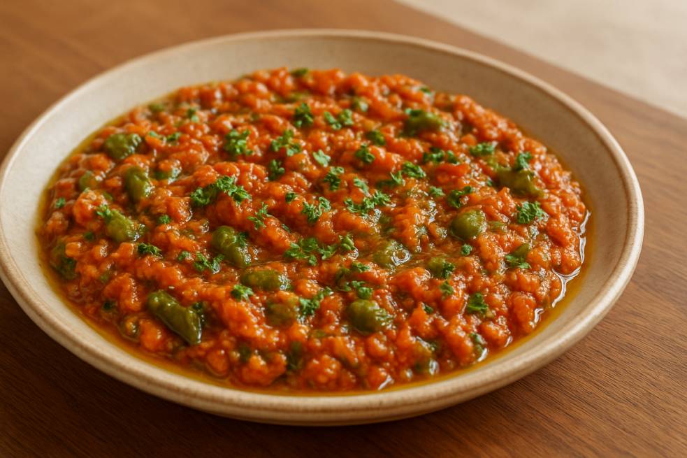 Taktouka Moroccan salad served in a ceramic dish with parsley and olive oil