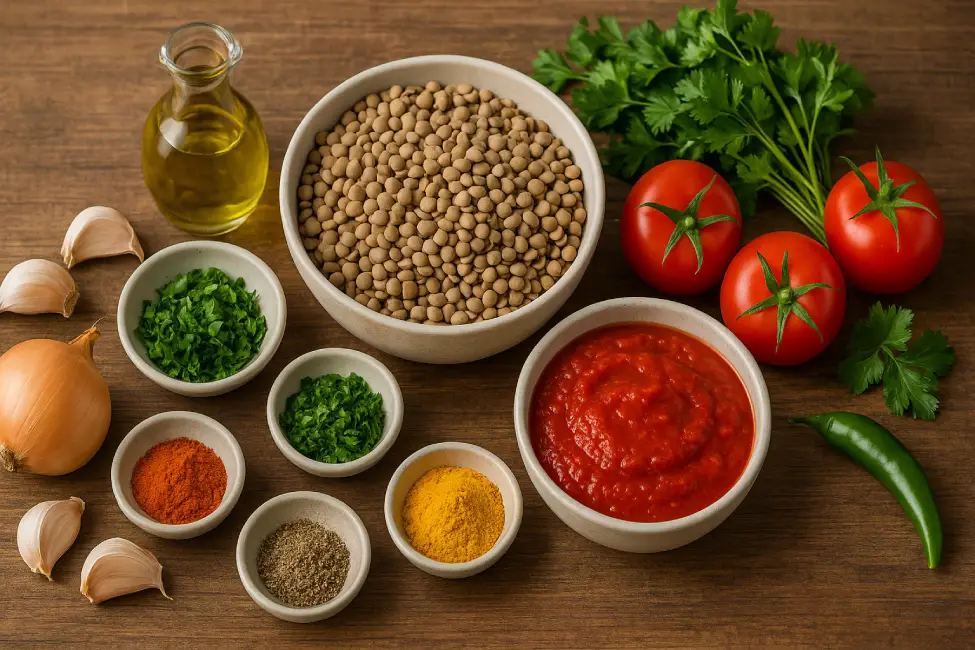 Moroccan lentil stew. High-resolution image showing brown lentils, cumin, paprika, turmeric, garlic, grated onions, tomato purée, olive oil, fresh parsley, and cilantro arranged in small bowls on a rustic wooden surface.