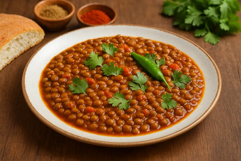 Rustic ceramic plate filled with steaming Moroccan lentil stew garnished with fresh cilantro and green chili, accompanied by sliced khobz bread and Moroccan spices on a wooden table.