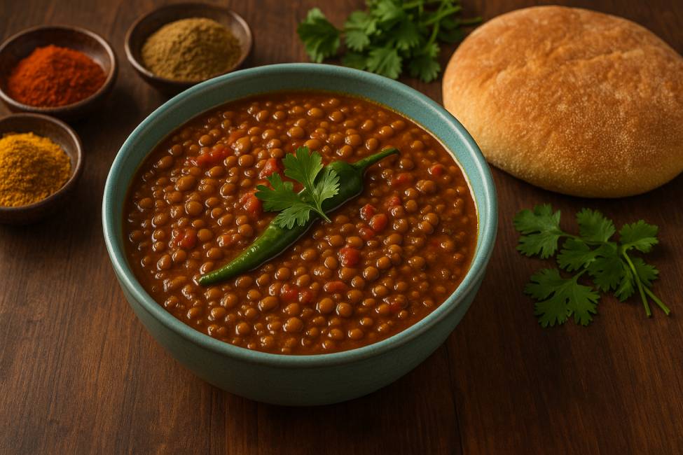 Close-up of a vibrant Moroccan lentil stew garnished with fresh cilantro and a green chili, served in a turquoise bowl alongside khobz bread and bowls of cumin, paprika, and turmeric spices.