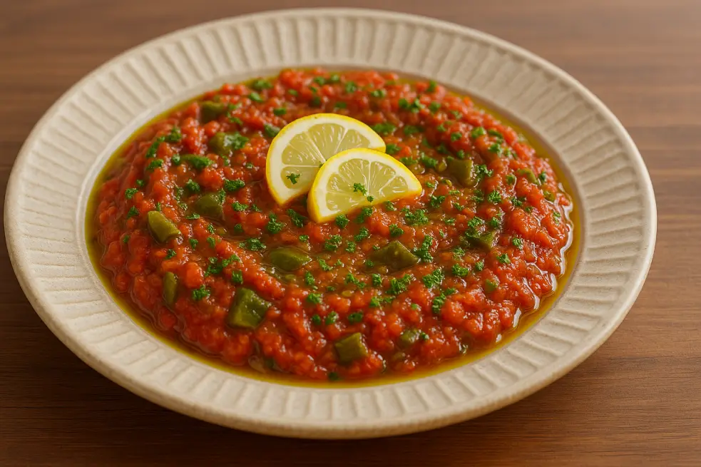 Taktouka Moroccan salad topped with chopped parsley and two lemon wedges in a ceramic plate