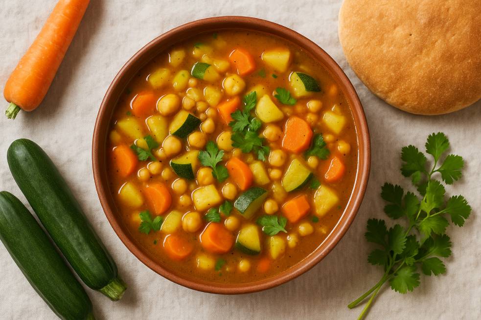 A bowl of Moroccan vegetable soup featuring carrots, zucchini, potatoes, and chickpeas, garnished with fresh cilantro, served with khobz bread and raw vegetables on the side.
