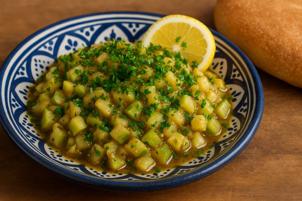 A traditional Moroccan zucchini salad served in a patterned Moroccan plate, topped with chopped parsley and garnished with a lemon slice, with Moroccan bread on the side.