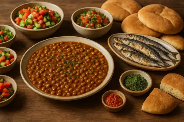 Moroccan lentil stew, grilled sardines on a platter, and slices of traditional Moroccan khobz bread.