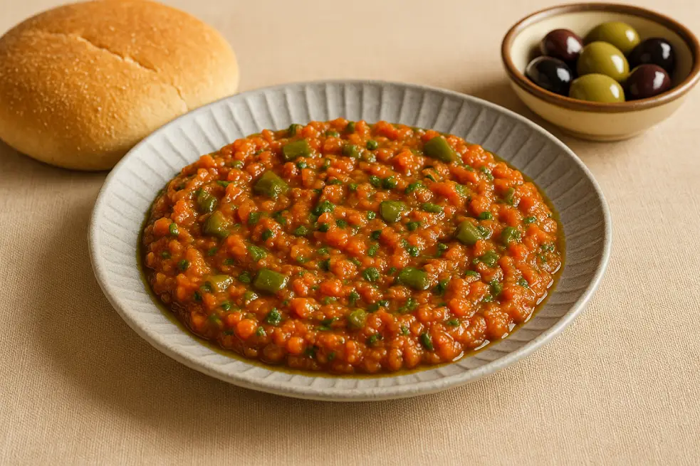 Moroccan salad. A plate of Taktouka served with Moroccan bread and a small bowl of olives
