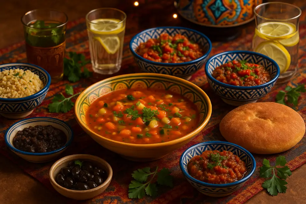 A vibrant Moroccan table setting featuring a bowl of Moroccan vegetable soup, surrounded by couscous, olive tapenade, khobz bread, zaalouk, taktouka, and glasses of mint tea and lemon water, all arranged on traditional textiles.