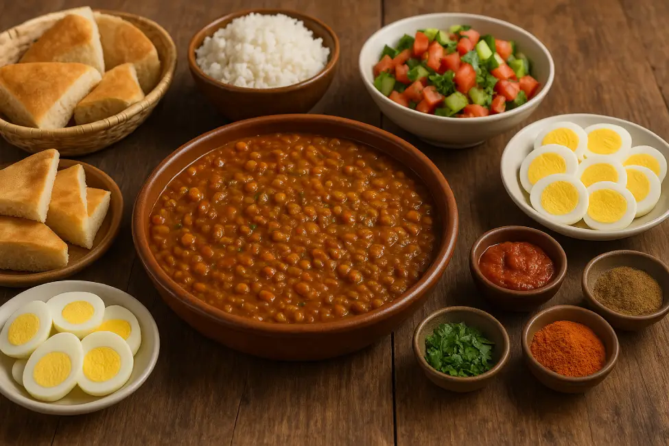 A rustic wooden table displaying a ceramic plate of Moroccan lentil stew surrounded by fresh tomato and cucumber salads, grilled sardines on a platter, and slices of traditional Moroccan khobz bread.