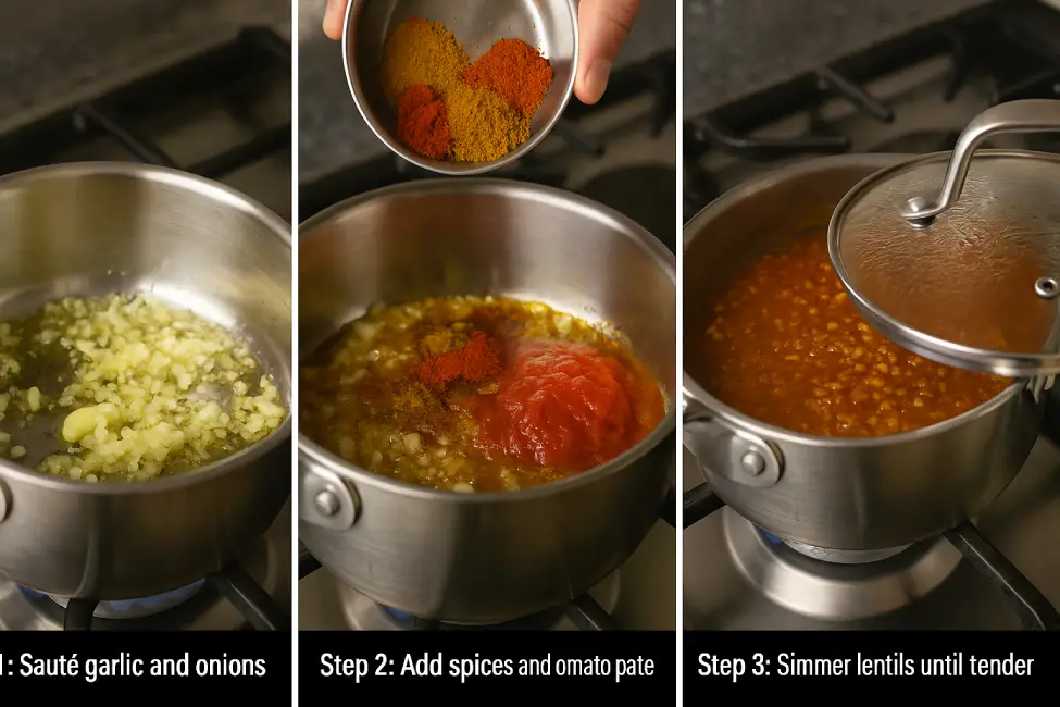 Moroccan lentil stew. Three-panel image showing step 1 sautéing garlic and onions, step 2 adding spices and tomato paste, and step 3 simmering lentils in a pot on the stove.
