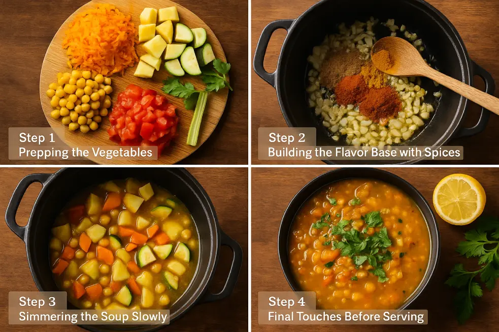 A four-image collage showing the step-by-step process of making Moroccan vegetable soup: chopped vegetables, spices sautΓ©ed with onions, soup simmering in a pot, and the final dish garnished with herbs.