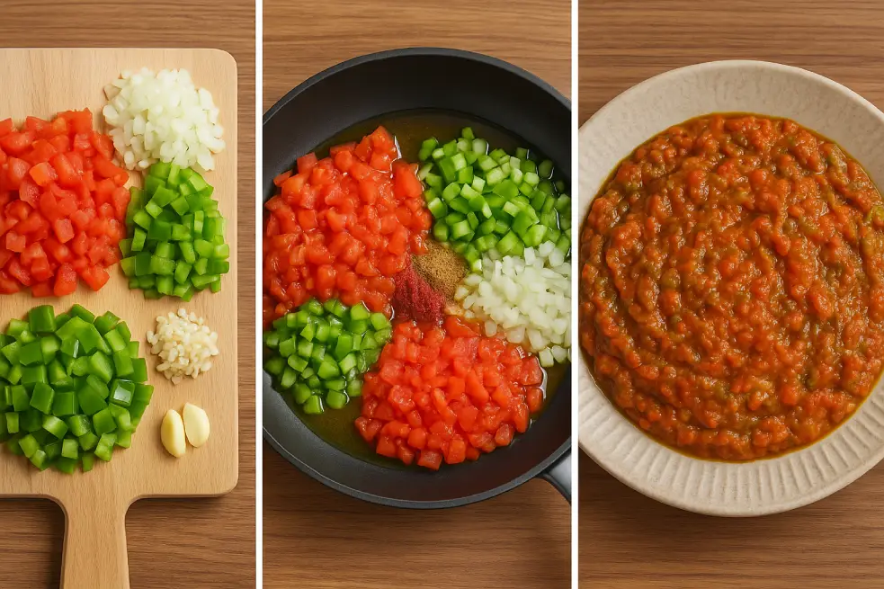 Chopped ingredients, cooking in skillet, and fully cooked Moroccan salad Taktouka
