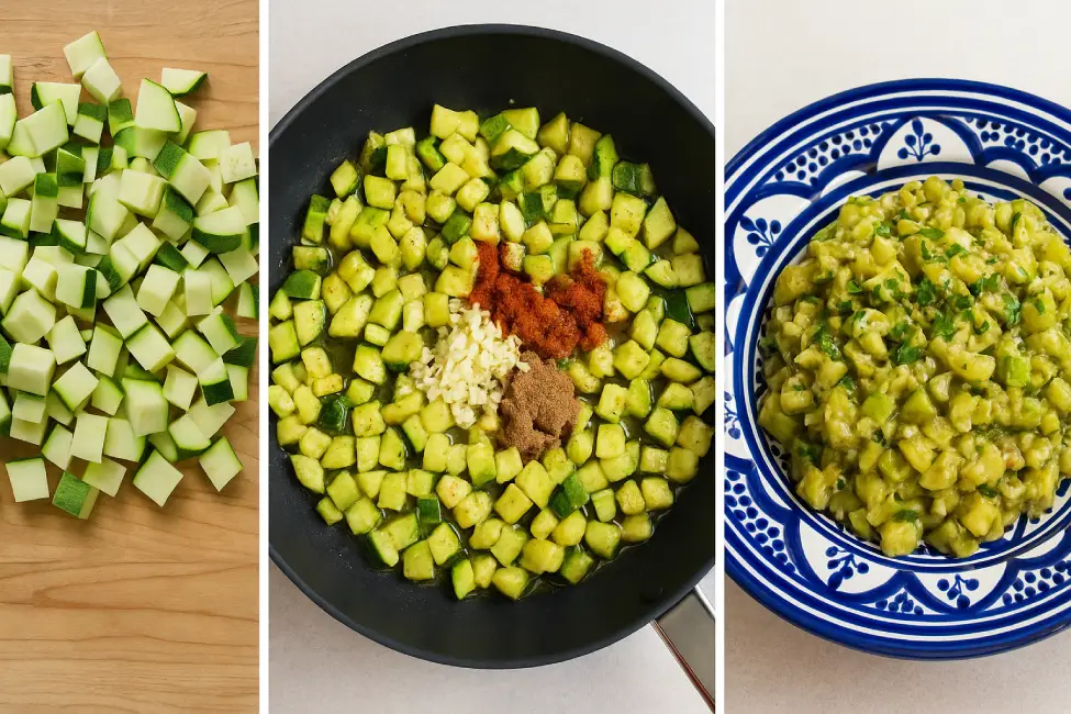 Three-step image showing Moroccan zucchini salad preparation: diced zucchini, zucchini cooking with garlic and spices, and the final dish garnished with parsley on a Moroccan plate.