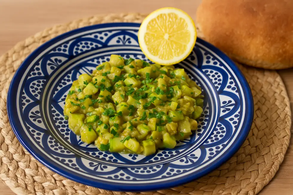 A warm Moroccan zucchini salad served in a deep Moroccan ceramic bowl, featuring tender zucchini with olive oil, garlic, and herbs on a patterned table setting.