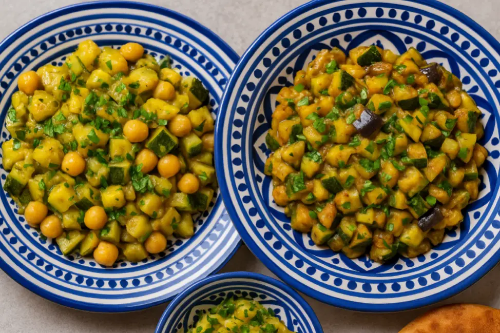 Two traditional Moroccan zucchini salad plates, one with zucchini and chickpea salad, the other with zucchini and eggplant salad, garnished with parsley and served on a rustic table.