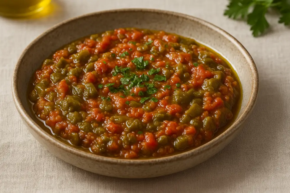 A close-up of Moroccan salad Taktouka served in a ceramic dish with olive oil and parsley