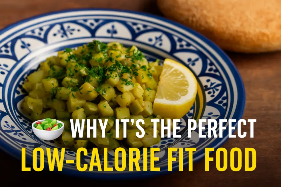 A Moroccan zucchini salad served with chopped parsley and a lemon wedge on a traditional ceramic plate, with flatbread in the background and bold text overlay promoting its low-calorie benefits.