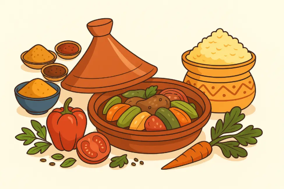 Illustration of Moroccan recipes including vibrant tagines, couscous, salads, and herbs in a warm and inviting style