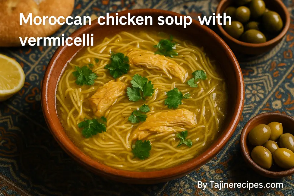 Top view of Moroccan chicken soup with vermicelli, text on image reads
