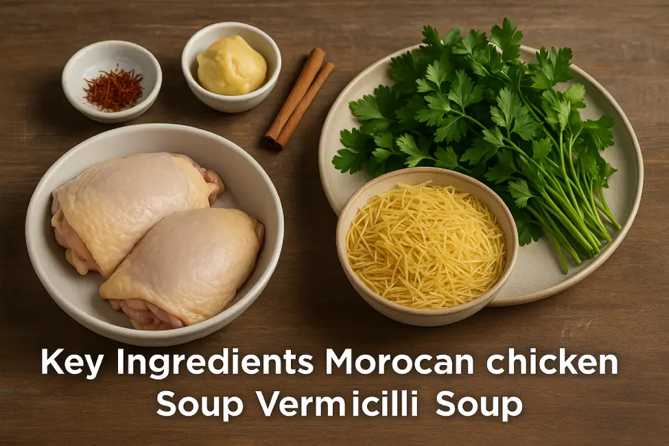 A high-resolution photo displaying the key ingredients for Moroccan chicken soup, including chicken thighs, vermicelli noodles, saffron, parsley, coriander, and Moroccan spices on a rustic kitchen background.